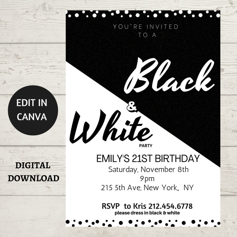 Black and White Invitations 21st Birthday Party Instant - Etsy