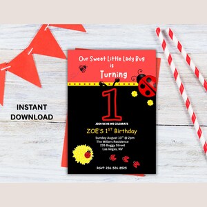 Little Ladybug 1st Birthday Invitation Girl | Editable Digital Invite | Cute Bug Theme | First Birthday Party Printable | Instant Download