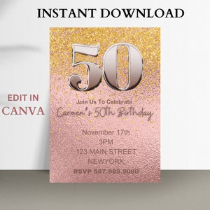 50th Birthday Invitation, 50th Birthday Party, Rose Gold Invitation, Rose gold and Gold Birthday, Birthday Invitation, Instant Download