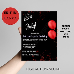 Editable Birthday Invitation, Black Invitation, Simple Party Invites, Lets Party, Digital Template, Red Invitation, 30th Birthday