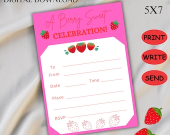 Faire-part premier anniversaire baies, faire-part d'anniversaire fraises, modèle d'invitation fête fraises, premier anniversaire doux baies, fête des baies