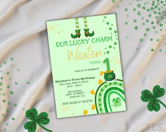 Our Lucky Charm Birthday Invitation, St. Patrick's Day, First Birthday Invitation, Four Leaf Clover First Birthday