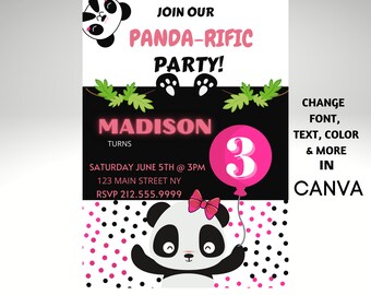 Op de afbeelding: Een feestuitnodiging met een zwart-witte pandabeer met een roze strik die een roze ballon vasthoudt met het nummer 3 erop. De tekst "JOIN OUR PANDA-RIFIC PARTY!" staat bovenaan de uitnodiging. De tekst "MADISON TURNS" staat onder de panda. De tekst "SATURDAY JUNE 5TH @ 3PM 123 MAIN STREET NY RSVP 212.555.9999" staat onder de panda. De tekst "CHANGE FONT, TEXT, COLOR & MORE IN CANVA" staat aan de rechterkant van de uitnodiging. De tekst "DIGITAL DOWNLOAD" staat onderaan de uitnodiging.