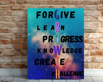 May include: A motivational poster with a galaxy background and the words "FORGIVE LEARN PROGRESS KNOWLEDGE CREATE CHALLENGE" spelled vertically in a colorful font.