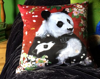 Handmade Panda Pillow Cover: Cherry Red Ombré Velvet, Maximalist Animal Design
