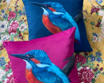 Kingfisher Bird Velvet Cushion Cover: Raspberry or Petrol Blue