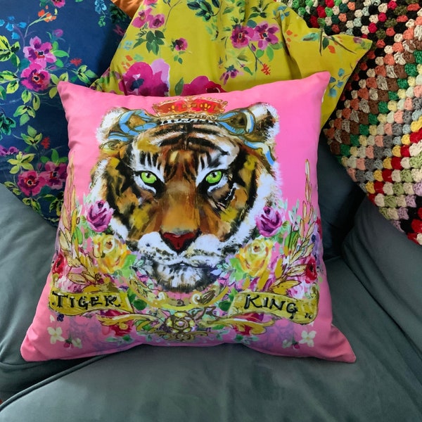 Tiger cushion cover royal king queen handmade saucy pink velvet jubilee animal cottage eclectic boho kitsch drag lover lgbt gift her him