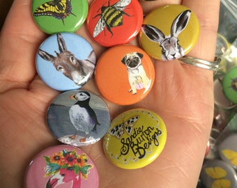 Animal badges mix match collect bee flamingo donkey hare puffin black cat pug donkey butterfly top country gift wildlife lover