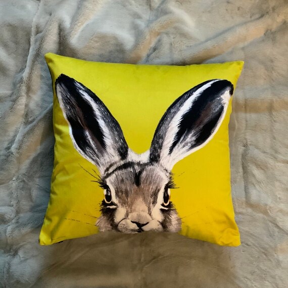 Handmade Hare Cushion Cover in Canary Yellow Velvet Add a Pop of