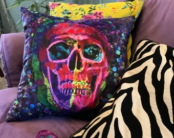 Halloween Skull Velvet Cushion Cover: Glam Rock Comic Art
