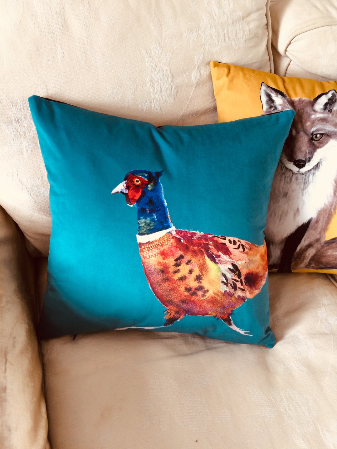 Pheasant Cushion Covers Turquoise Teal Velvet Gorgeous Any Decor