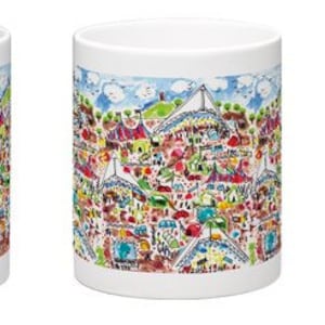 May include: Set of three white ceramic mugs with a colorful illustration of a city skyline. The mugs feature a whimsical, hand-drawn style with a variety of buildings, trees, and people.