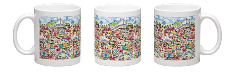 May include: Set of three white ceramic mugs with a colorful illustration of a city skyline. The mugs feature a whimsical, hand-drawn style with a variety of buildings, trees, and people.