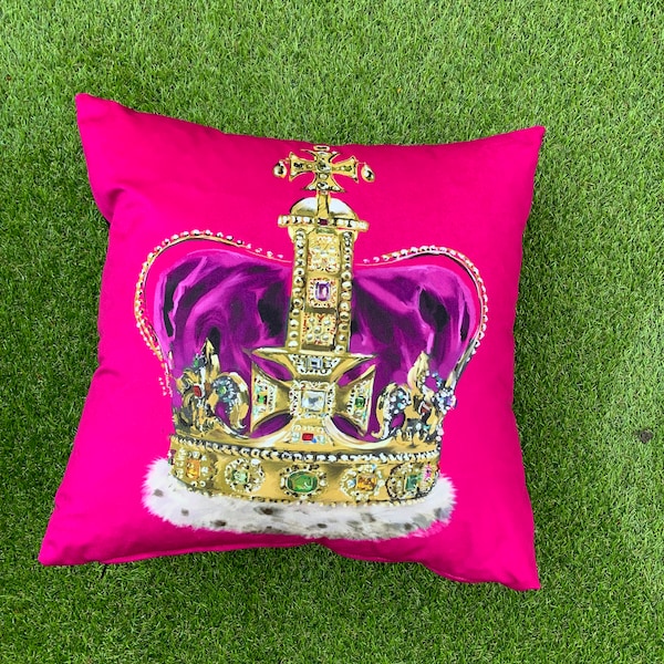 Coronation crown art velvet cushion cover hot pink bold decor King Charles souvenir Handmade eclectic whimsical farmhouse gift her fast