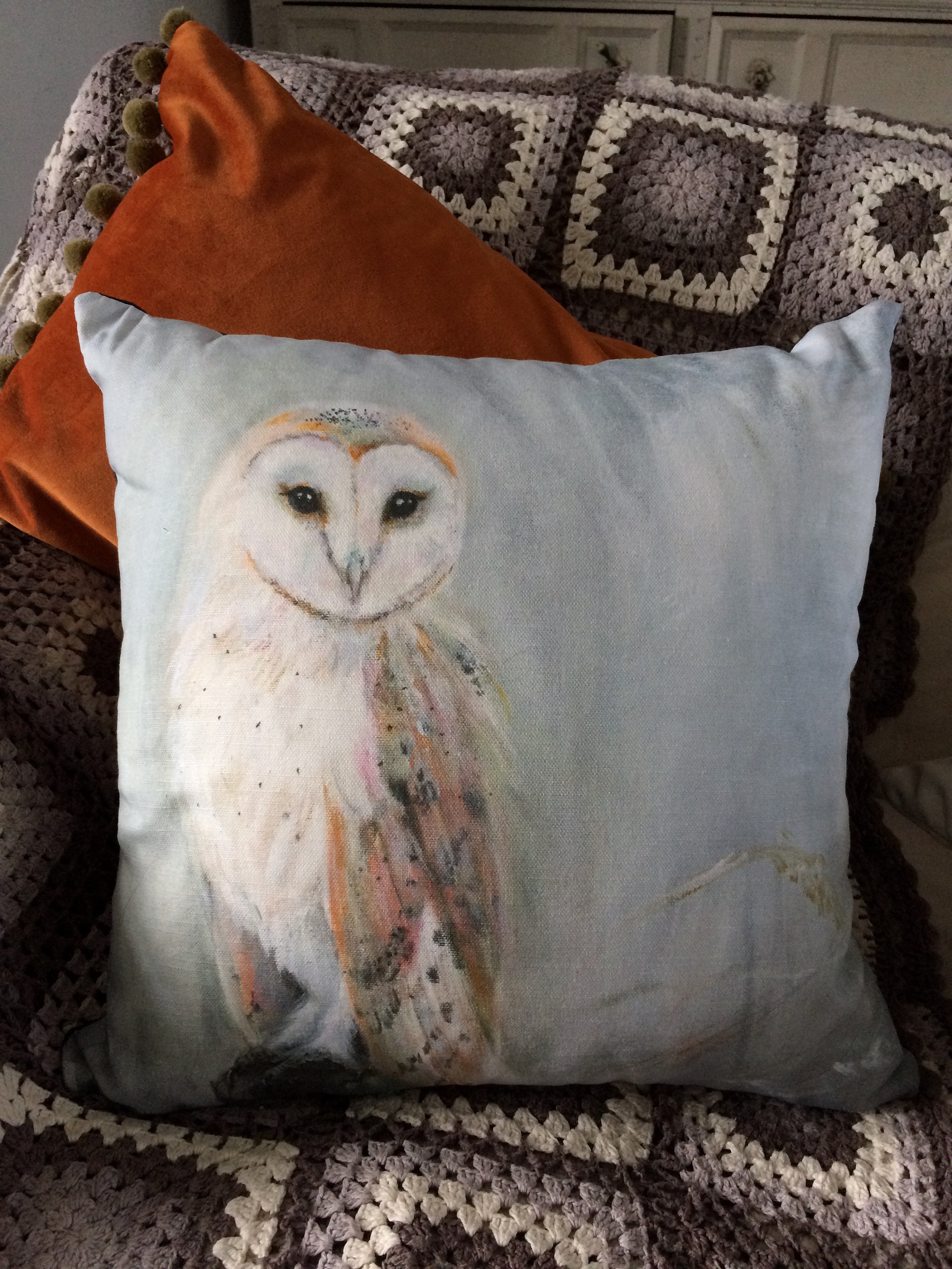 Barn Owl Velvet Cushion Cover: Handmade Bird Art Decor