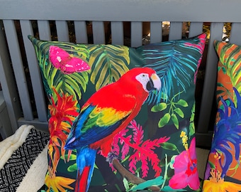 Macaw Parrot Outdoor Cushion Cover: Teal Rousseau Forest Print