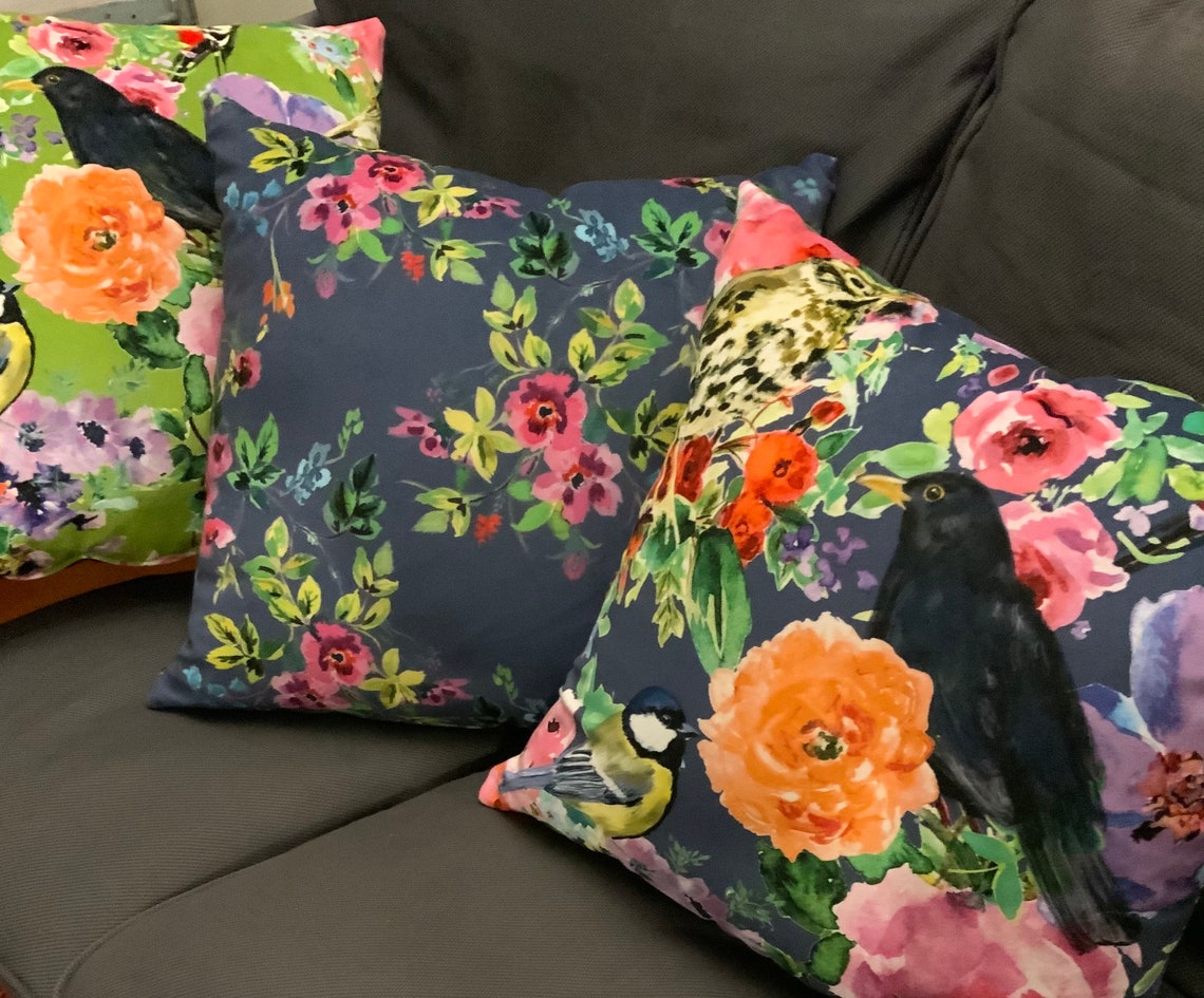 Blue Velvet Floral Cushion Cover Add a Touch of Country Etsy UK