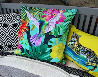 Water repellent tropical outdoor cushions covers designer handmade gelato pastel colour design birds leopard toucan gift her