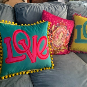 Whitwoo! Groovy Love Pom pom cushion cover own art handmade  velvet! funky pop eclectic bold boho kitsch pop lover joy camp gift her him