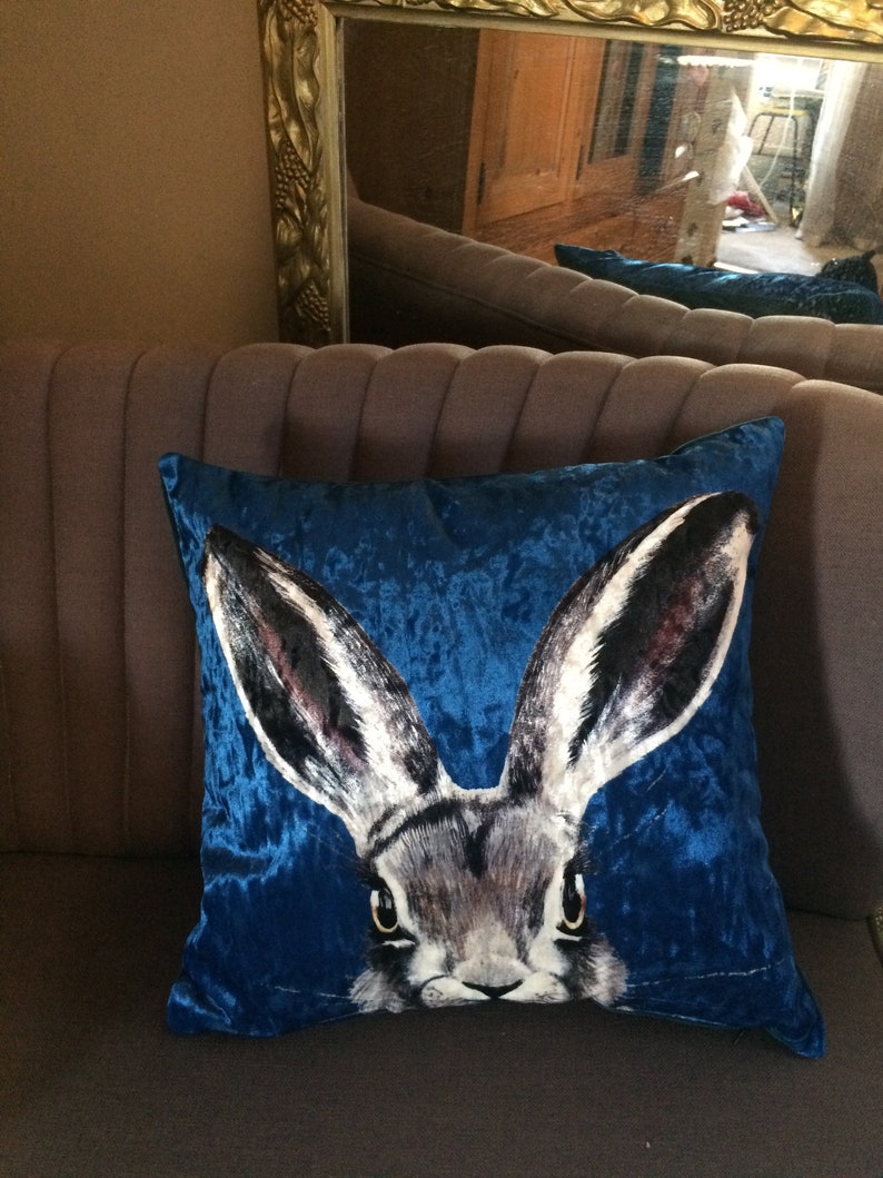Blue Crushed Velvet Hare Cushion Cover FAST POST Handmade Etsy UK