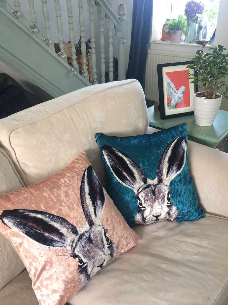 Hare Cushion Cover Handmade Turquoise Crushed Velvet With Lime Etsy UK
