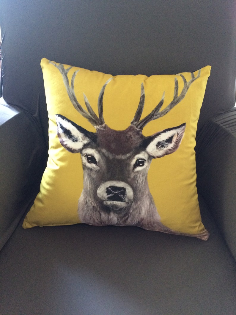 Stag Head Cushion Cover Yellow Velvet Style Any Decor With Etsy UK