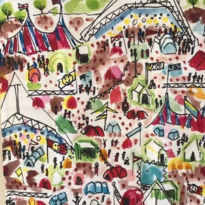 May include: A watercolor painting of a music festival with tents, stages, and people. The painting is done in a whimsical style with bright colors and simple lines.
