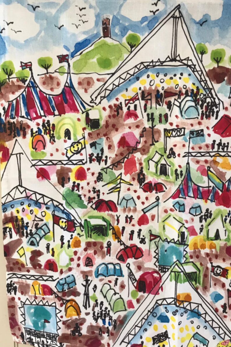 May include: A watercolor painting of a music festival with tents, stages, and people. The painting is done in a whimsical style with bright colors and simple lines.