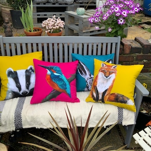 Bespoke garden outdoor cushion covers showerproof woodland animal farm patio handmade bee stag hare pheasant badger squirrel fox gift her uk