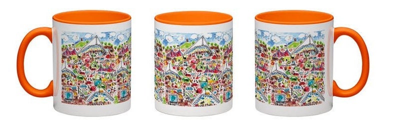 May include: Three white ceramic mugs with orange rims. Each mug features a colorful illustration of a city skyline with buildings, trees, and a bridge.