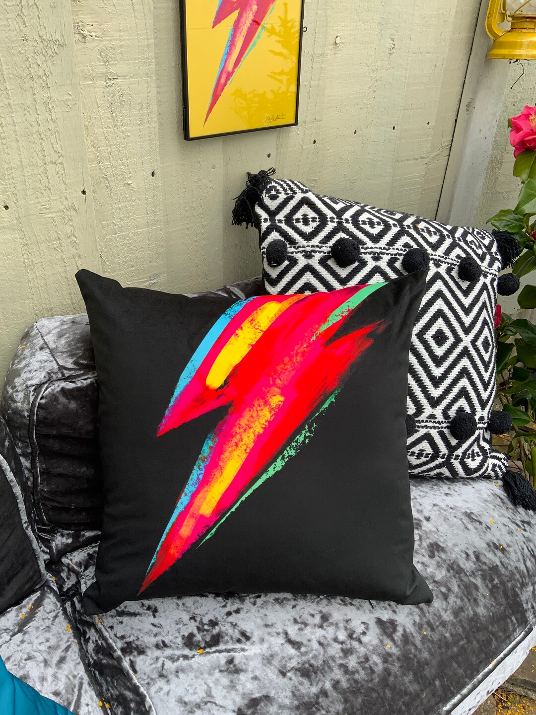 Lightning Bolt Black Velvet Cushion Cover Glam Rock Flash 70s Kapow