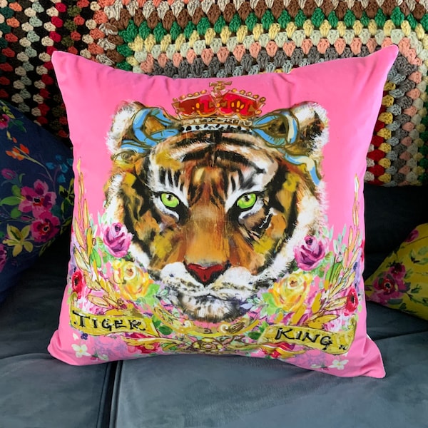 Tiger king queen jubilee cushion cover handmade saucy pink velvet cat animal funky cottage eclectic boho kitsch drag lover lgbt gift her him