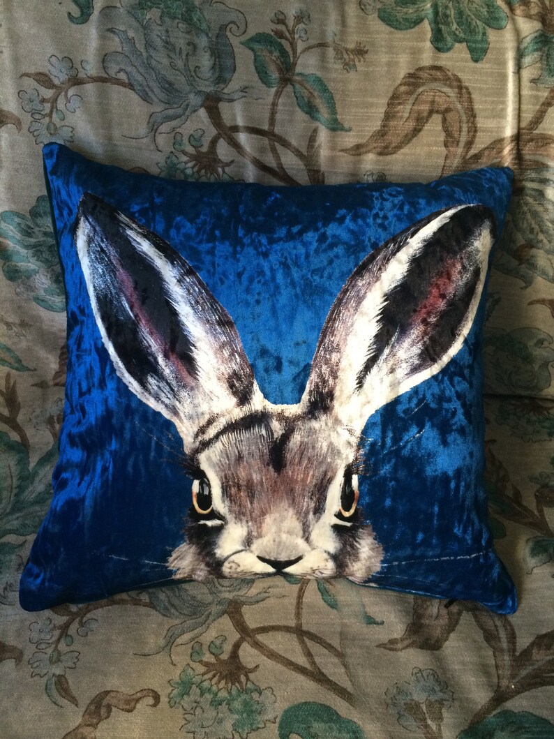 Blue Crushed Velvet Hare Cushion Cover FAST POST Handmade Etsy UK