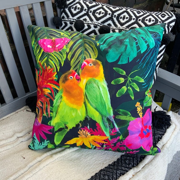 Love birds teal velvet cushion cover exotic handmade Rousseau Forest tropical botanic country conservatory living summerhouse luxe gift her