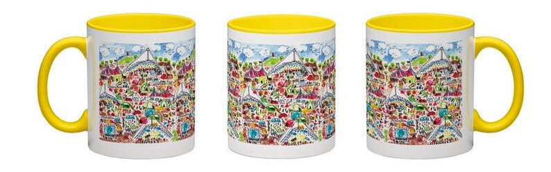 May include: Three white ceramic mugs with yellow rims. Each mug features a colorful illustration of a city skyline with buildings, trees, and a bridge.