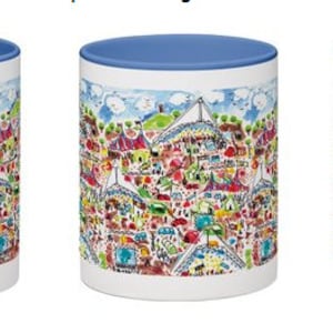 May include: Three white ceramic mugs with blue rims and handles. Each mug features a colorful illustration of a city skyline with buildings, trees, and a bridge.