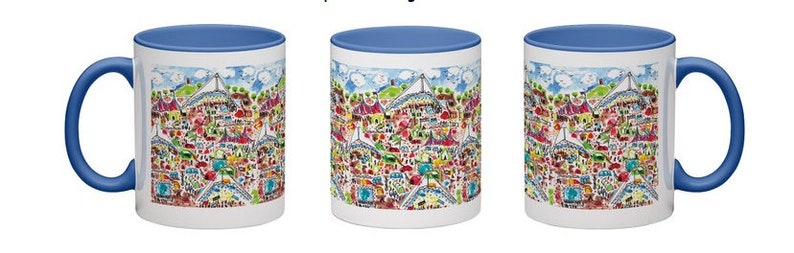 May include: Three white ceramic mugs with blue rims and handles. Each mug features a colorful illustration of a city skyline with buildings, trees, and a bridge.
