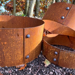 Set Of Three Riveted Corten Steel Ring Planters