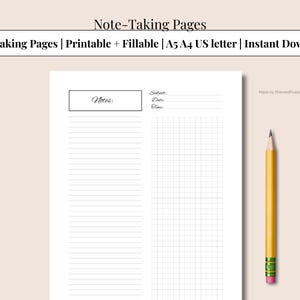Half Grid & Half Lined Note Taking Printable | Study Notes, Bullet Journal Page | Planner Insert PDF Digital Download