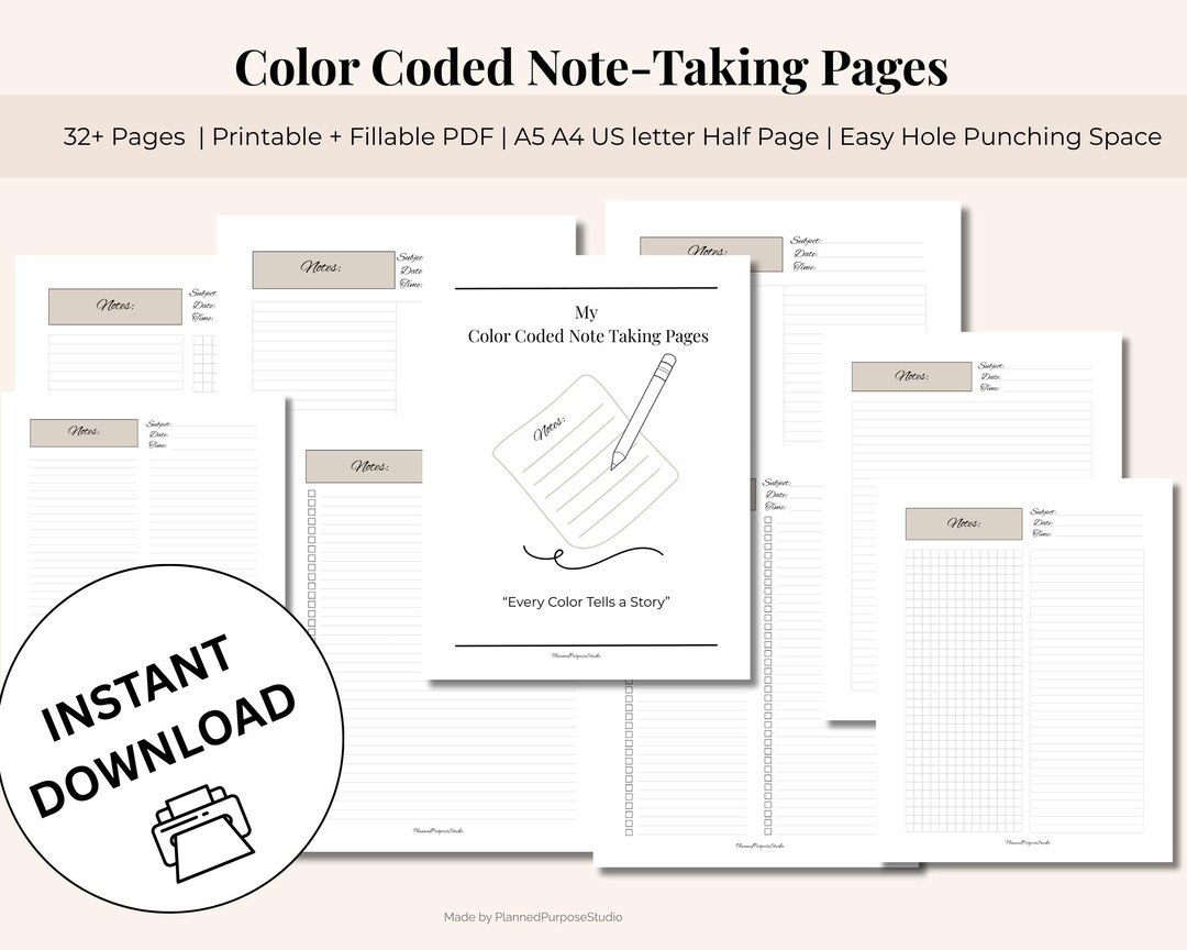 Etsy Printable Fillable Kind Notes.pdf Brown Color Coded Note-taking Bundle | Printable & Fillable PDF Pages ...