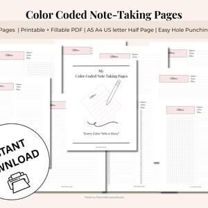 Puede incluir: Un conjunto de páginas de toma de notas imprimibles con un diseño minimalista. Las páginas son blancas con acentos rosas e incluyen secciones para notas, tema y fecha. El texto "Color Coded Note-Taking Pages" está en la parte superior. La imagen también incluye el texto "Instant Download".