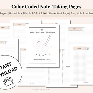 Puede incluir: Un conjunto de páginas de toma de notas imprimibles con el título "Color Coded Note-Taking Pages". Las páginas son blancas con detalles beige e incluyen diseños con líneas, cuadrículas y en blanco. La imagen también presenta el texto "Instant Download".