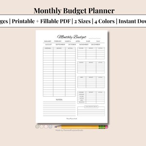 Peut inclure: Un planificateur budgétaire mensuel blanc avec un design minimaliste. Le planificateur comprend des sections pour les dépenses, le budget et les dépenses réelles, avec de l'espace pour les notes. Le texte "Monthly Budget Planner" est en haut.
