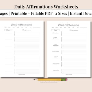 Peut inclure: Deux feuilles de travail imprimables blanches pour les affirmations quotidiennes avec des sections lignées pour l'écriture. Les feuilles de travail sont étiquetées "Daily Affirmations" et comprennent des sections pour "Thème" et "Mes affirmations". Un crayon jaune repose en bas. Le texte en haut indique "Daily Affirmations Worksheets."