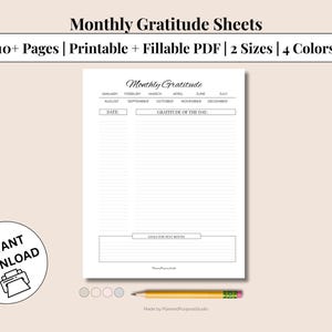 Monthly Gratitude Entry Prompts | Printable Reflection Pages | 5 Styles (4 Colors + B&W) | 4 Sizes | Standard + Fillable PDF