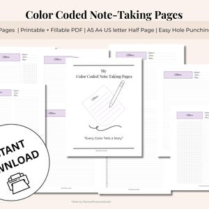 Puede incluir: Un conjunto de páginas de toma de notas imprimibles con un encabezado de color púrpura claro. Las páginas incluyen formatos de líneas, cuadrículas y listas de verificación. El título "Color Coded Note-Taking Pages" se muestra en la parte superior, junto con el texto "Instant Download".