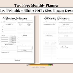 May include: Two-page monthly planner with a minimalist design. The planner includes sections for priorities, reminders, and notes. A pencil rests at the bottom. The text on the top says "Two Page Monthly Planner".