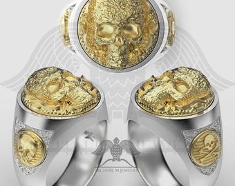 Masonic Skull ring .925 sterling silver & 14k Yellow gold Custommade Handmade ***Made to Order – 162
