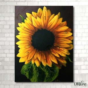 Sunflower with Water Drops, Original Acrylic Wall Art on Canvas