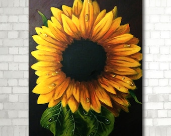 Sunflower with Water Drops, Original Acrylic Wall Art on Canvas